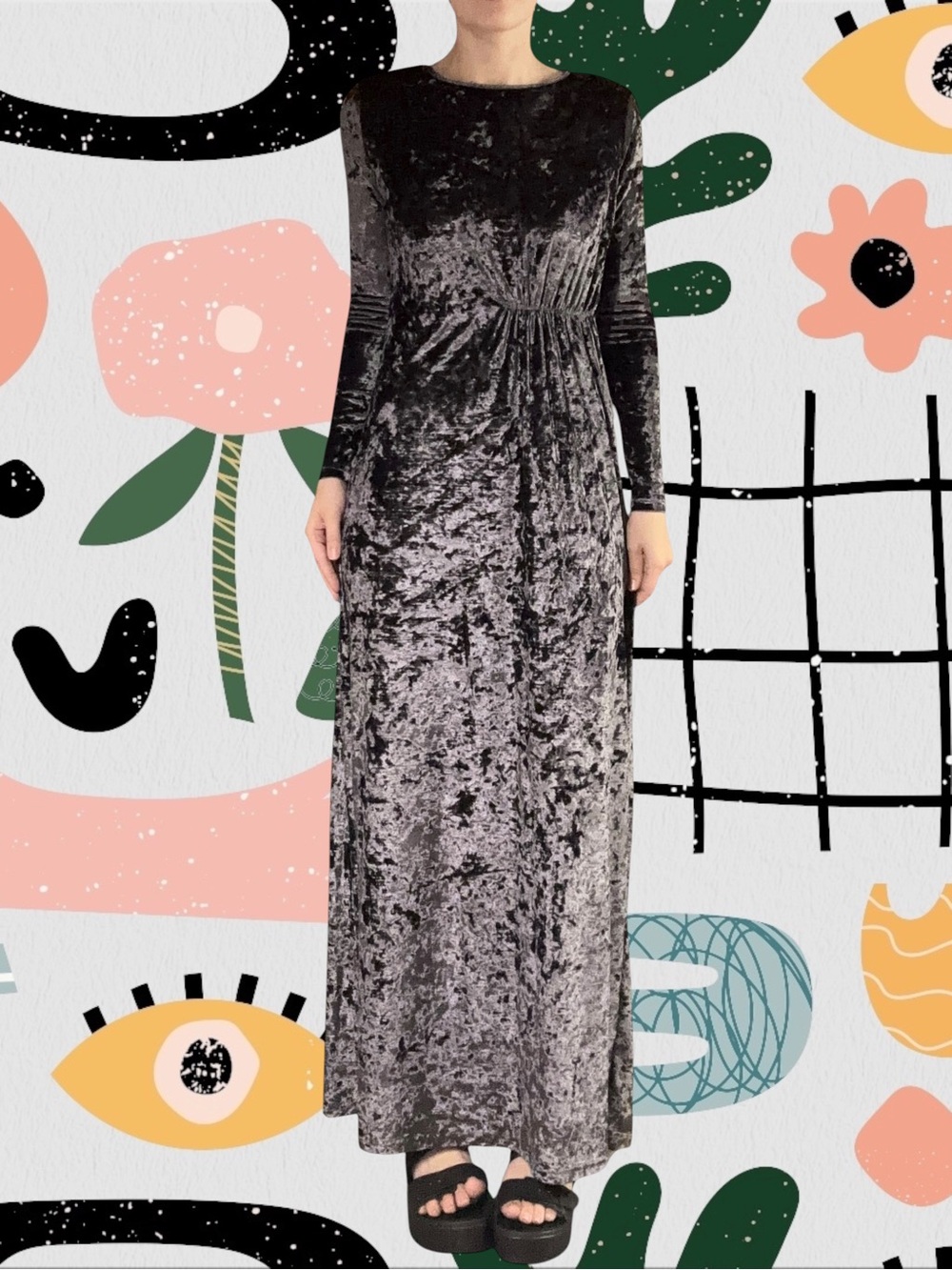 Ricciel | Purple Crushed Velvet Ruched Waist Long Sleeve Maxi Dress